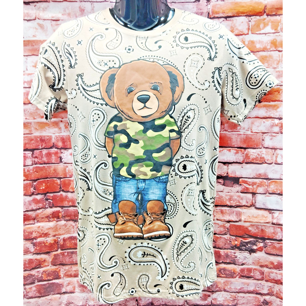 OG Hustle Legendary King Teddy Bear Graphic T Shirt Bandana Styled Light Brown